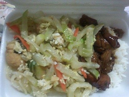Rice with egg tofu, hairy gourd and black pepper chicken